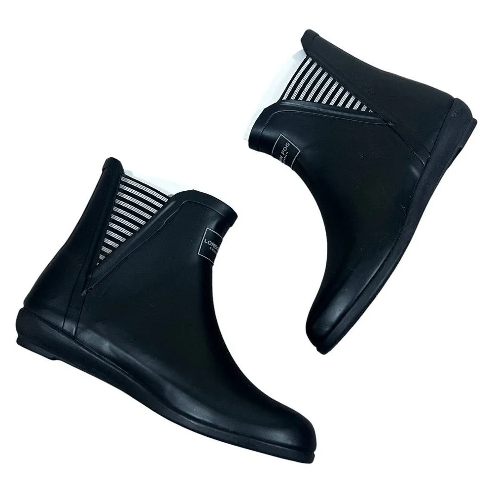 London Fog Piccadilly Striped Rain Boots Black Ankle Rubber Waterproof Size 8M